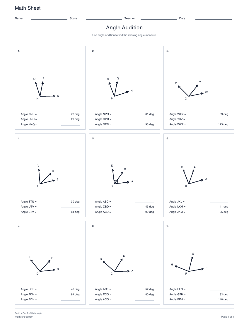 First page preview: Angle Addition Worksheets