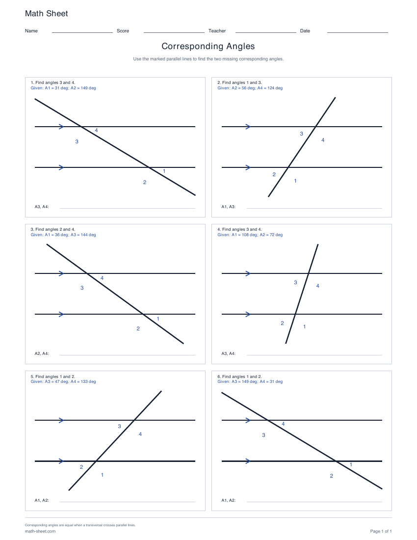 First page preview: Corresponding Angles Worksheets