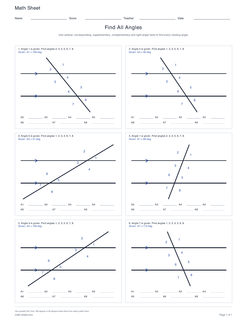 First page preview: Find All Missing Angles Worksheets