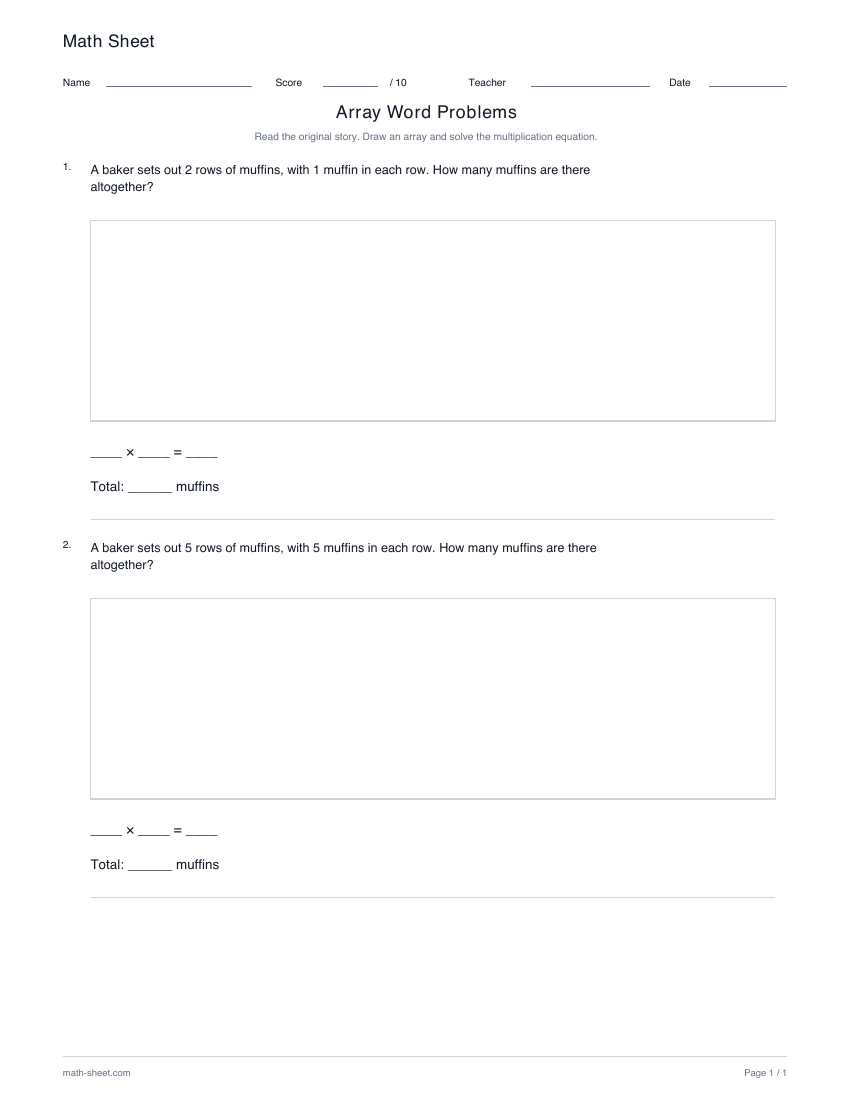 Printable array word problems worksheet preview