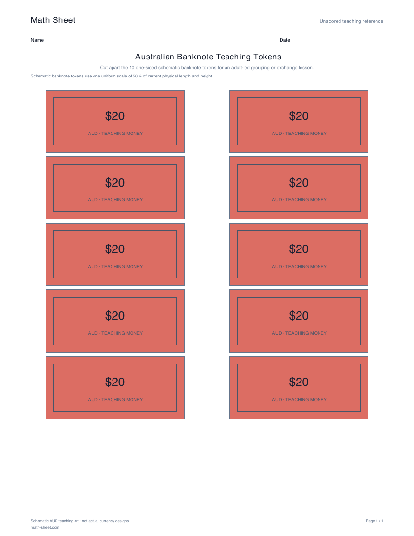 Printable australian banknote teaching tokens worksheet preview