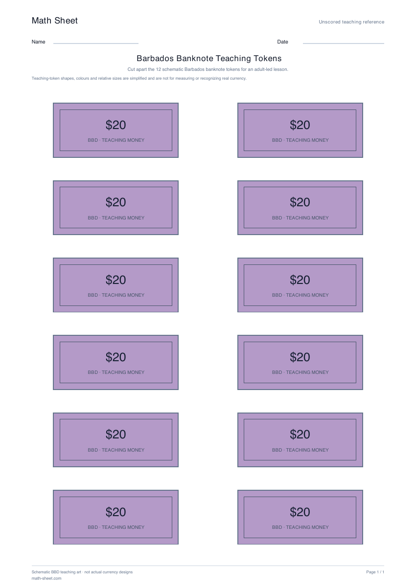 Printable barbados banknote teaching tokens worksheet preview