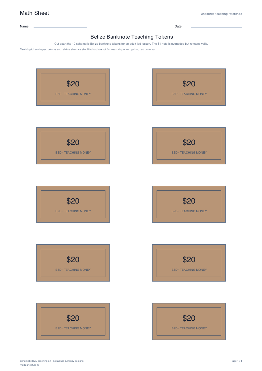 Printable belize banknote teaching tokens worksheet preview
