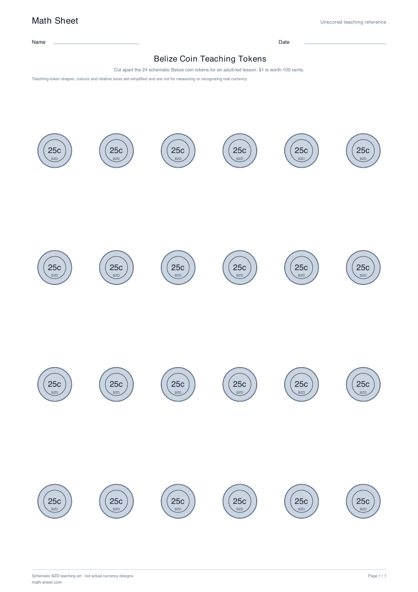 Printable belize coin teaching tokens worksheet preview