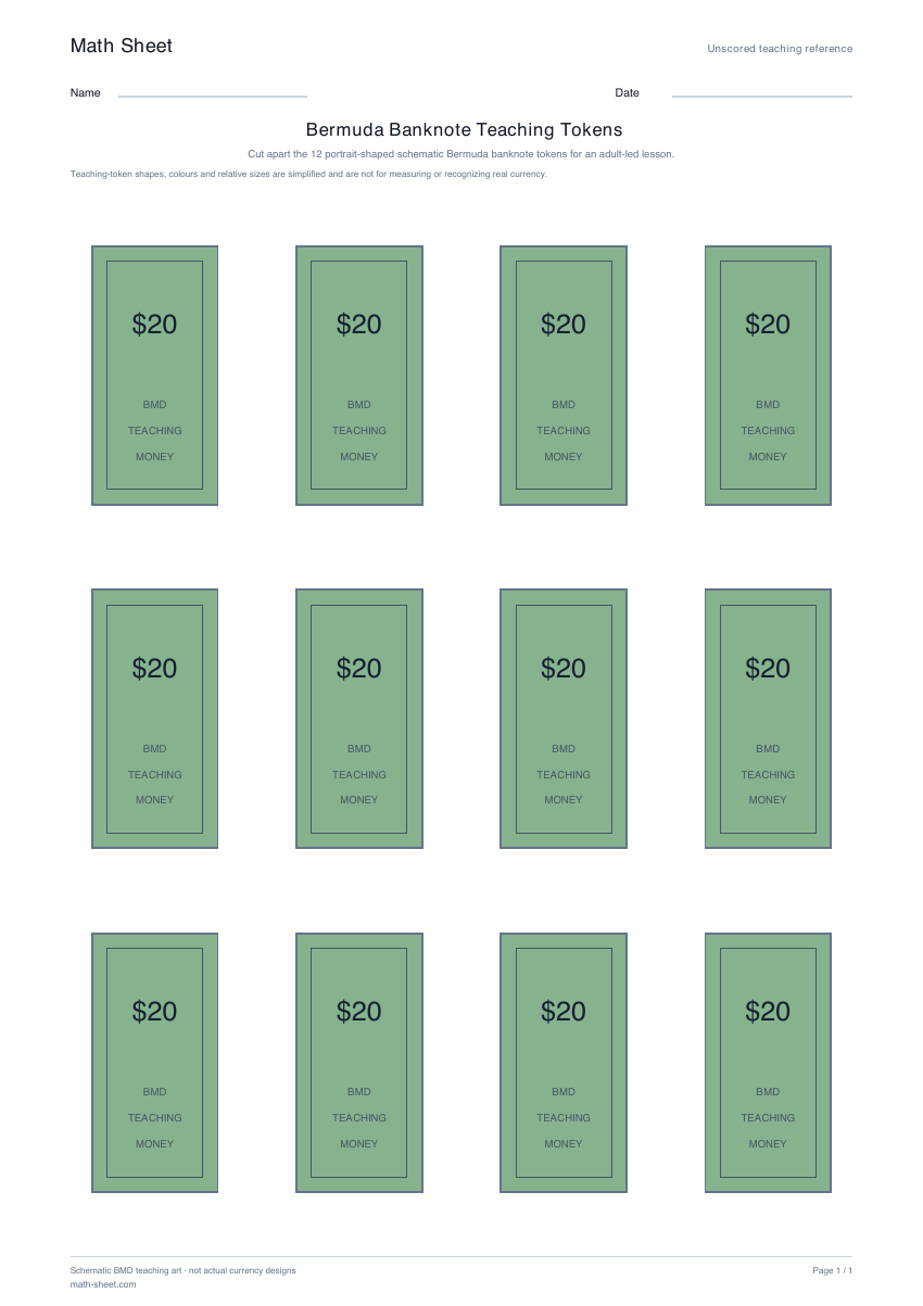 Printable bermuda banknote teaching tokens worksheet preview