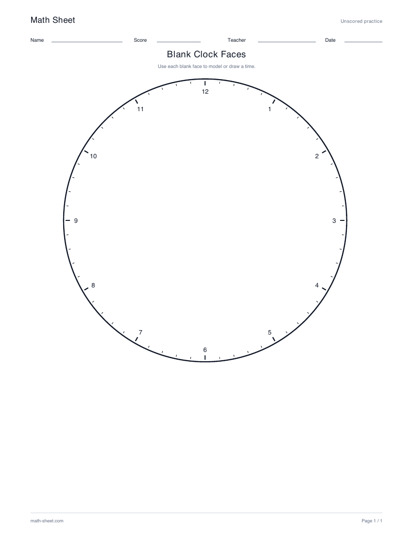 Printable blank clock faces worksheet preview