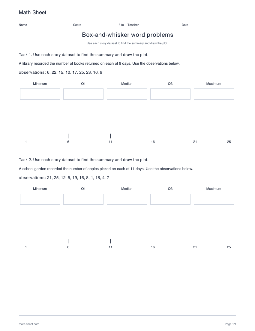 Printable box-and-whisker word problems worksheet preview