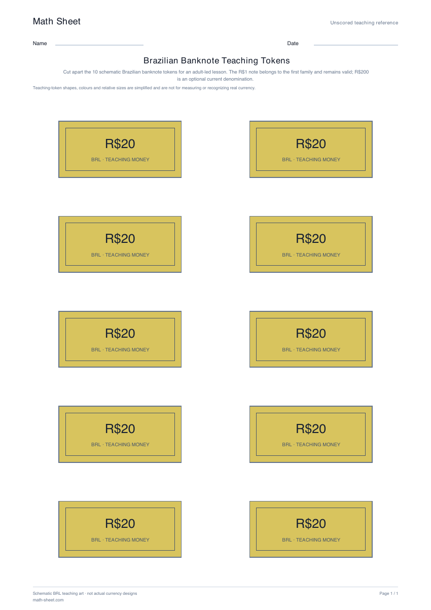 Printable brazilian banknote teaching tokens worksheet preview