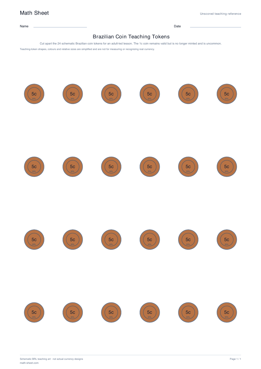 Printable brazilian coin teaching tokens worksheet preview