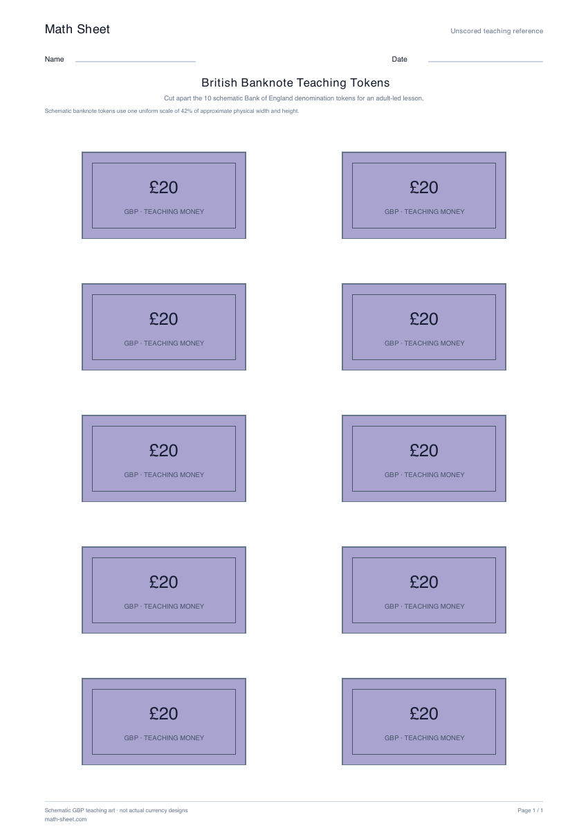 Printable british banknote teaching tokens worksheet preview