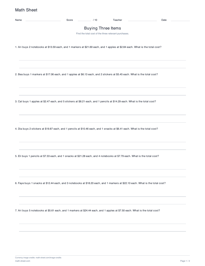 Printable buy three item types worksheet preview