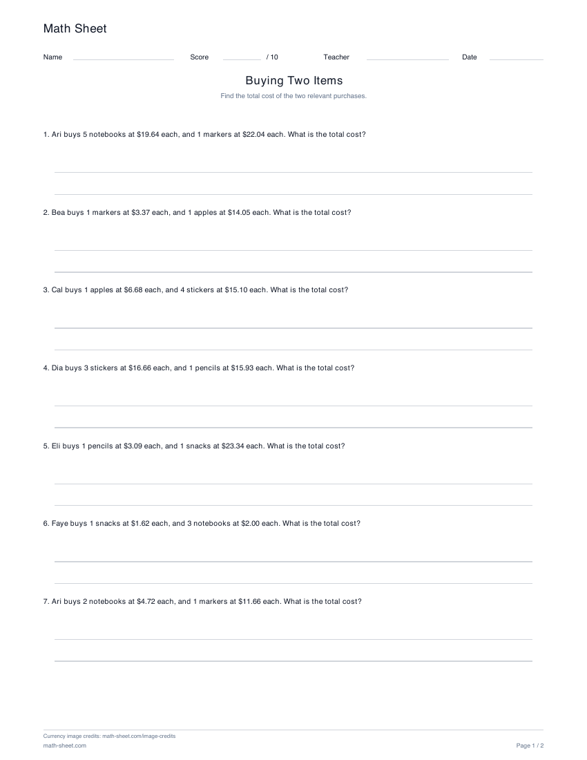 Printable buy two item types worksheet preview