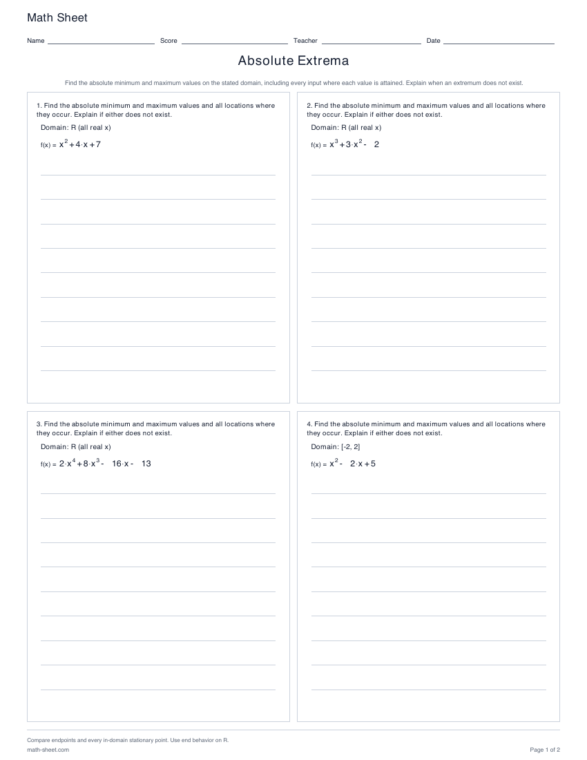 First page preview: Absolute Extrema worksheets