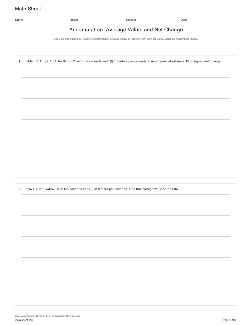 Printable accumulation, average value, and net change worksheets preview