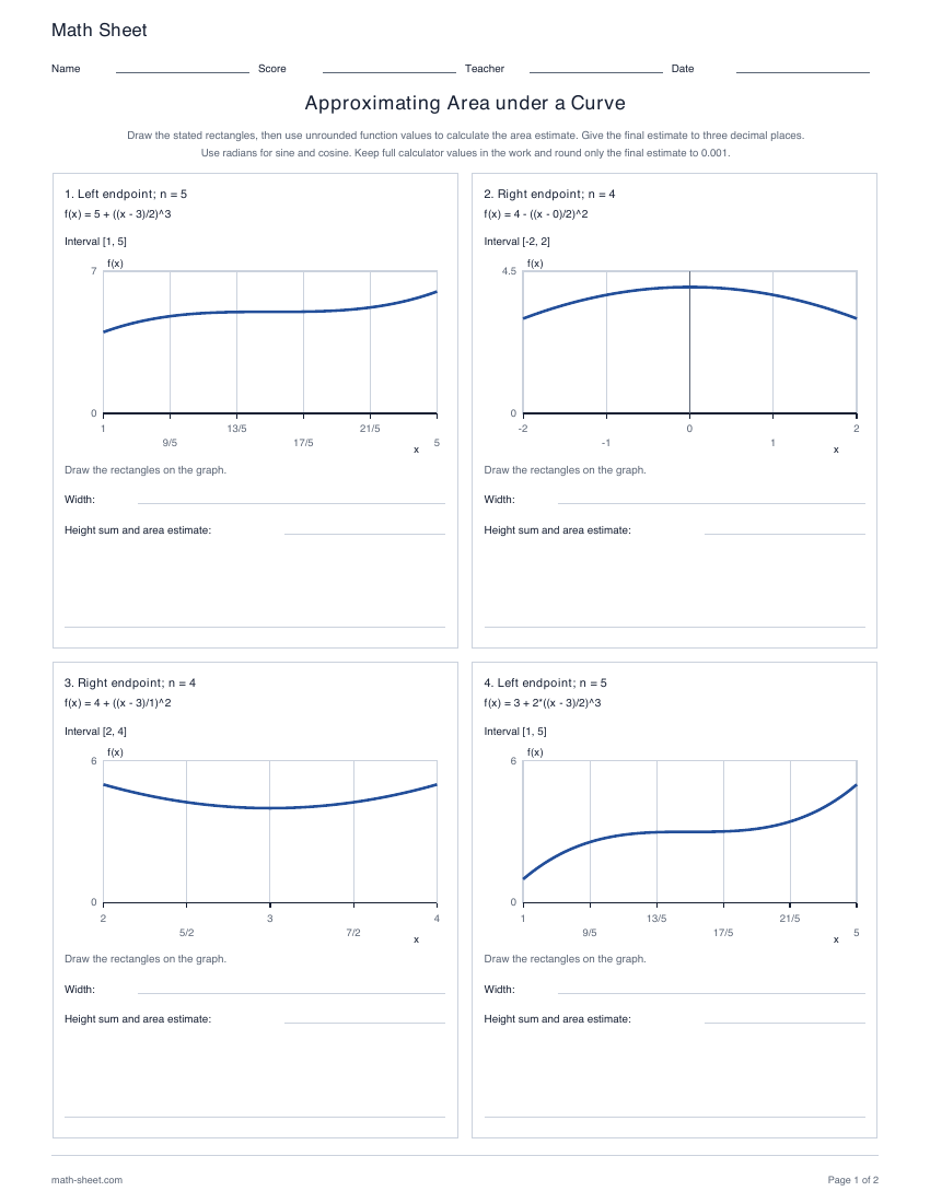 First page preview: Approximating Area under a Curve worksheets
