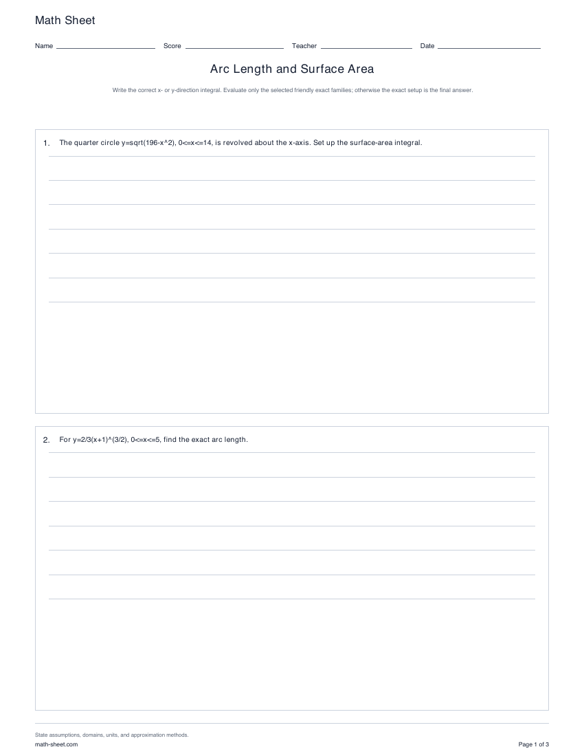 Printable arc length and surface area worksheets preview