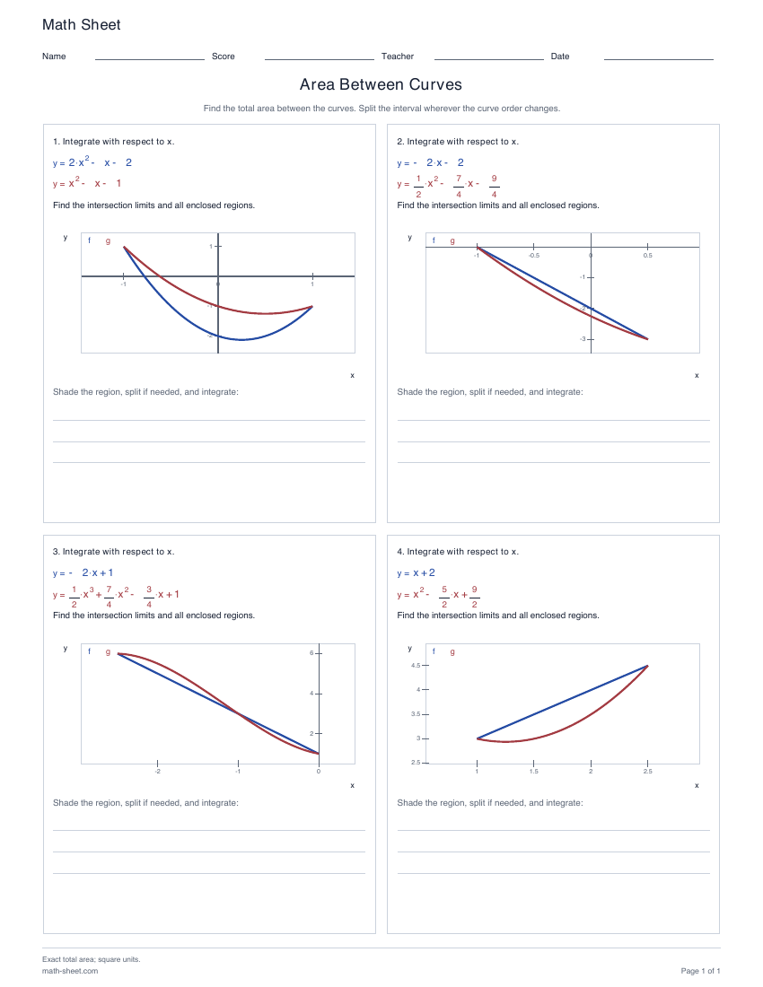 First page preview: Area Between Curves worksheets