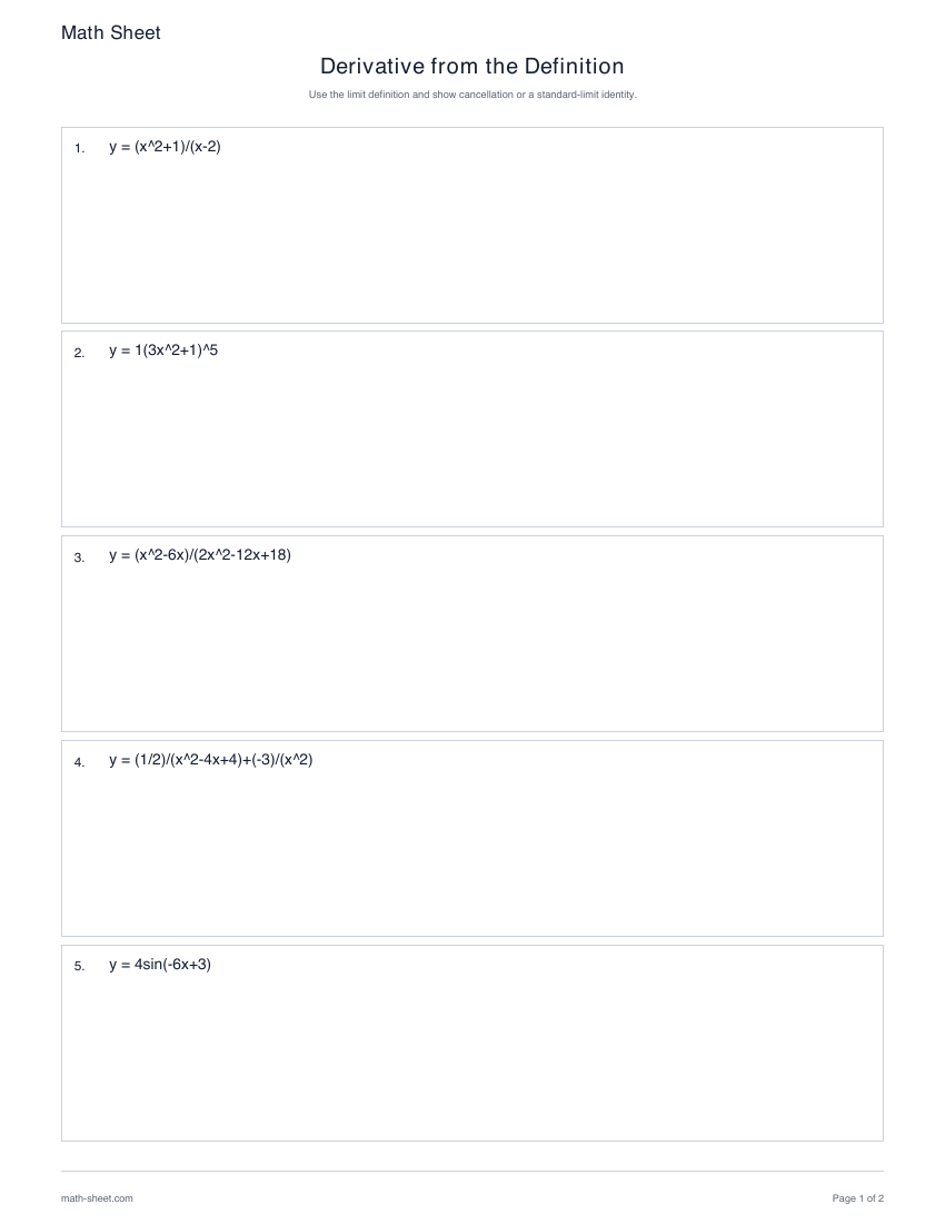 First page preview: Derivative by definition worksheets