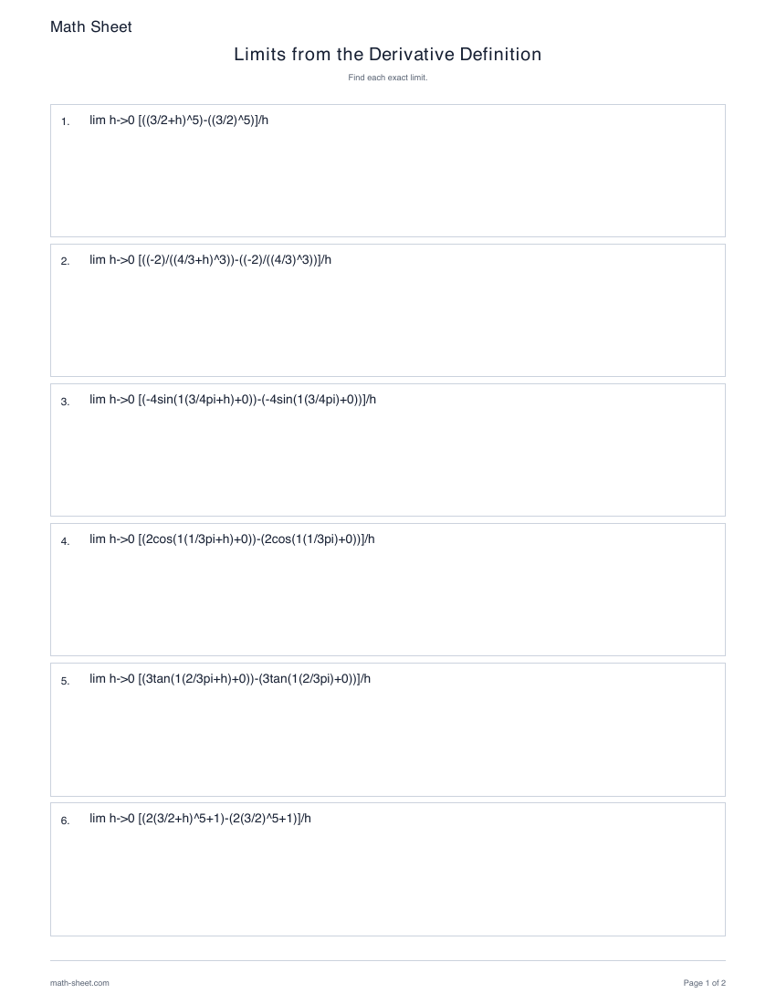 First page preview: Derivative-definition limit worksheets