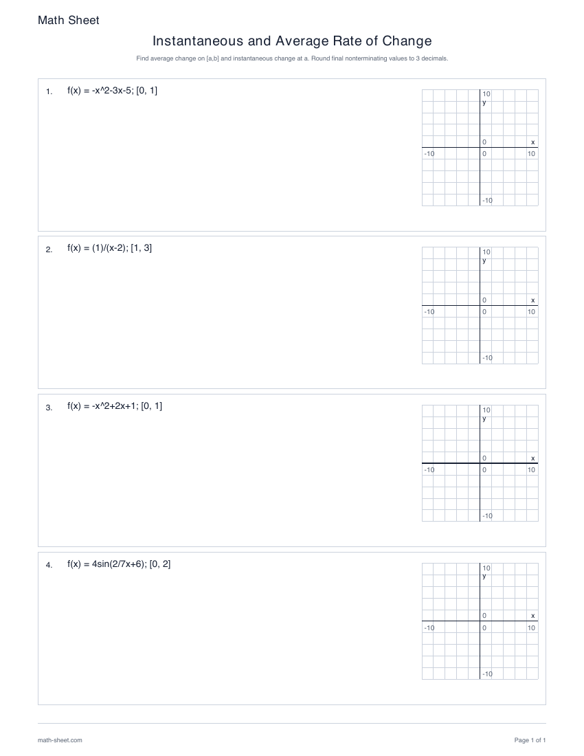 First page preview: Instantaneous and average rate worksheets