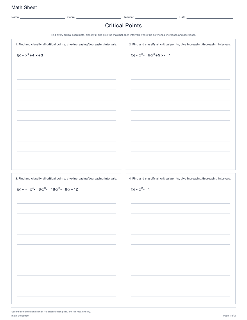 First page preview: Critical Points worksheets