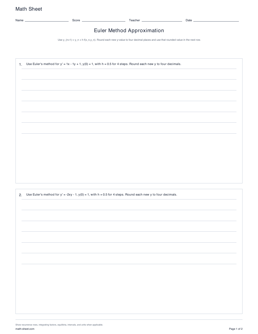 Printable euler method worksheets preview