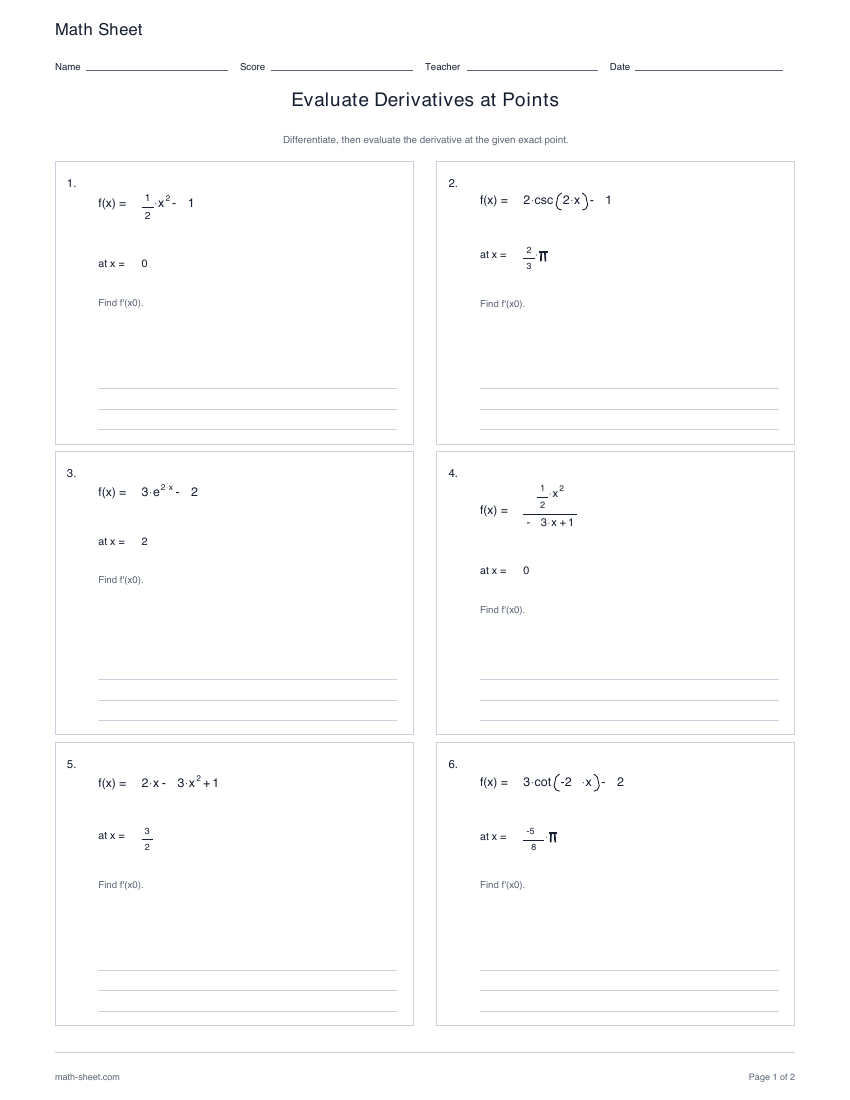 First page preview: Evaluate Derivatives at Points worksheets