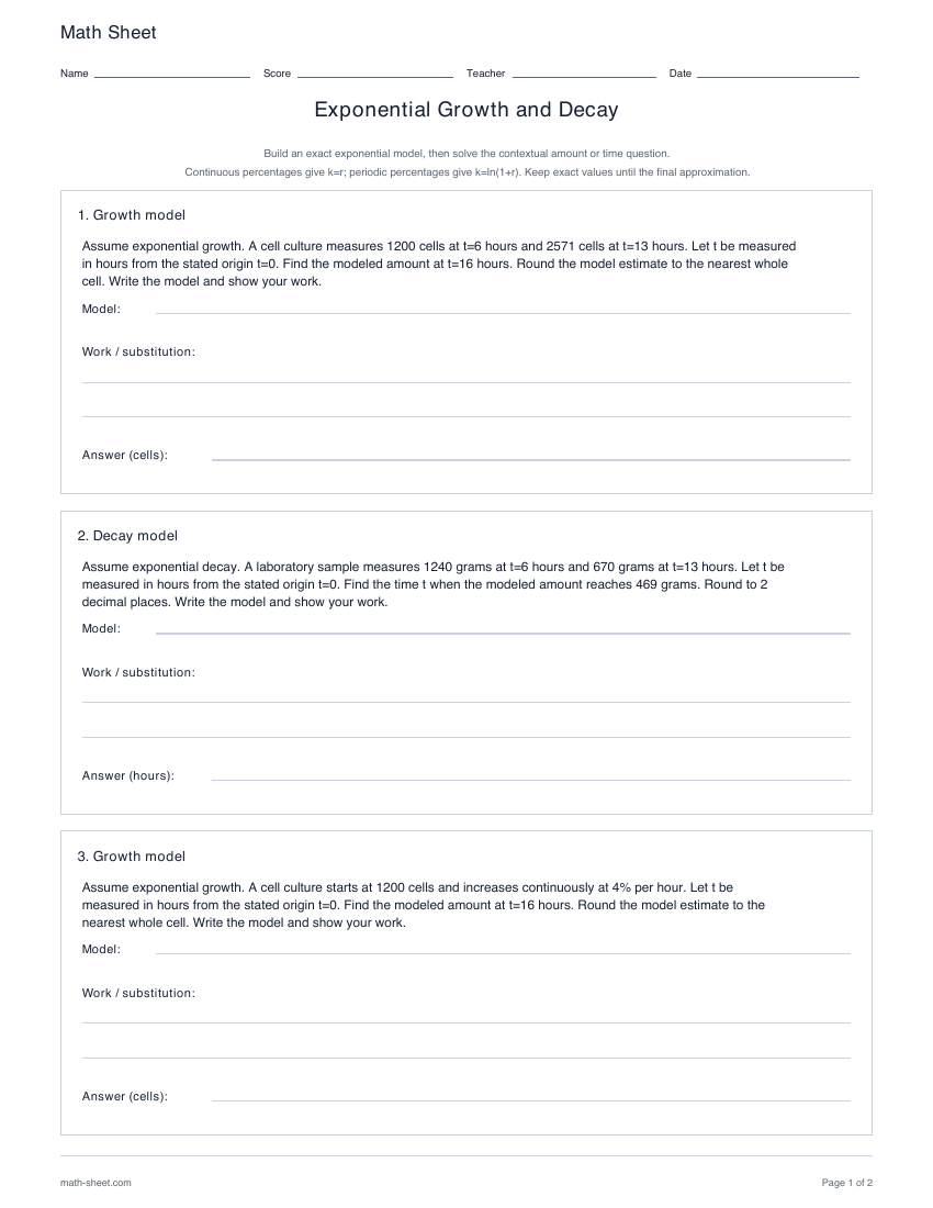 First page preview: Exponential Growth and Decay worksheets