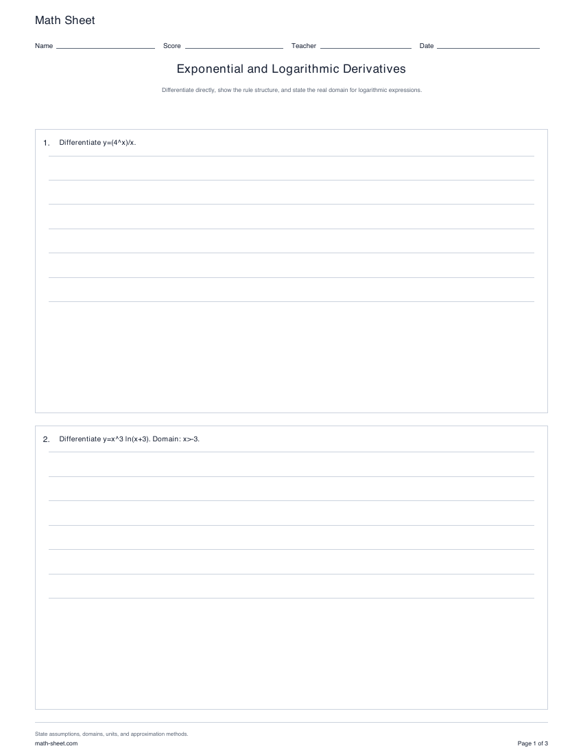 Printable exponential and logarithmic derivatives worksheets preview