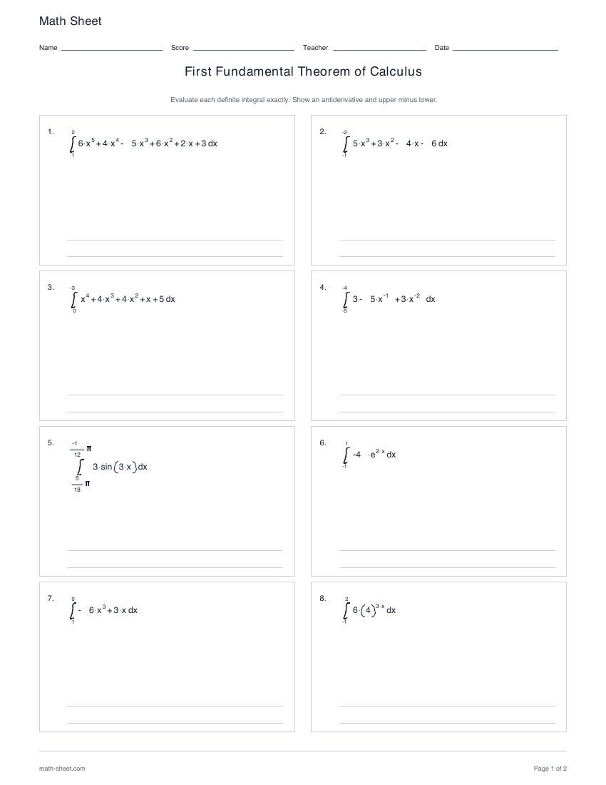 First page preview: First Fundamental Theorem worksheets