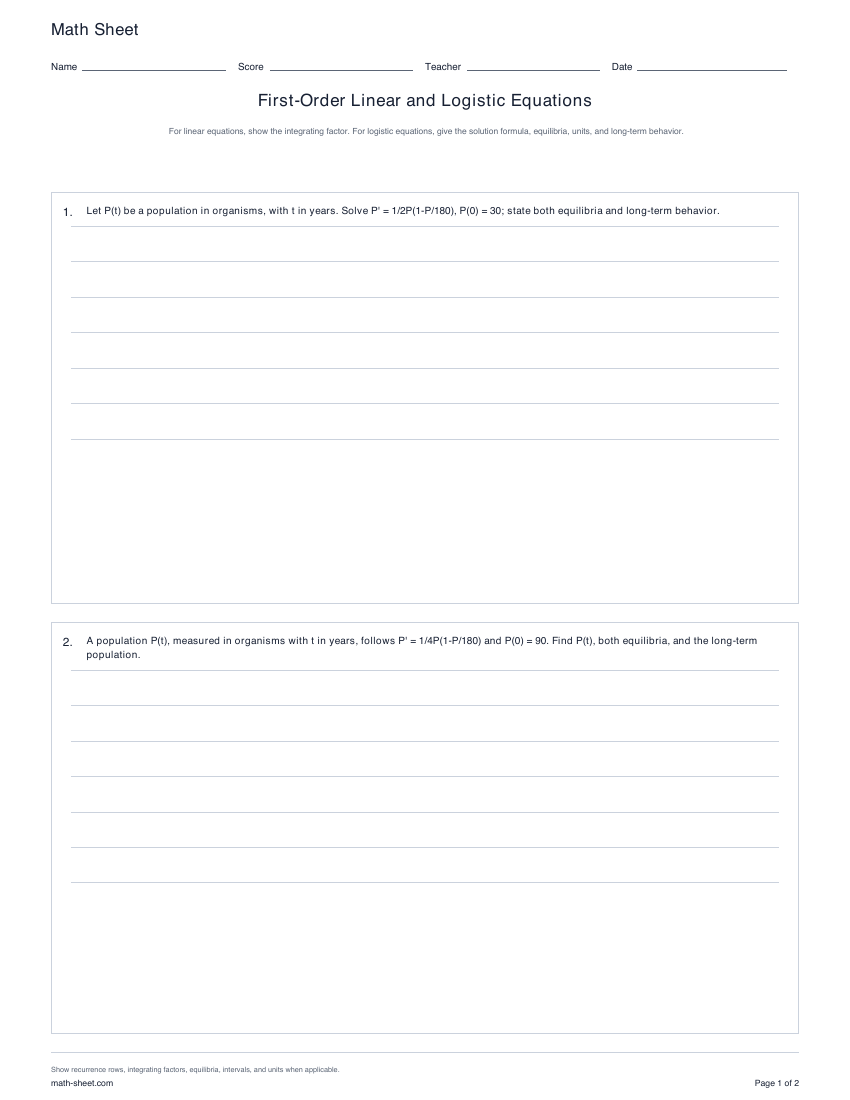 Printable first-order linear and logistic equations worksheets preview