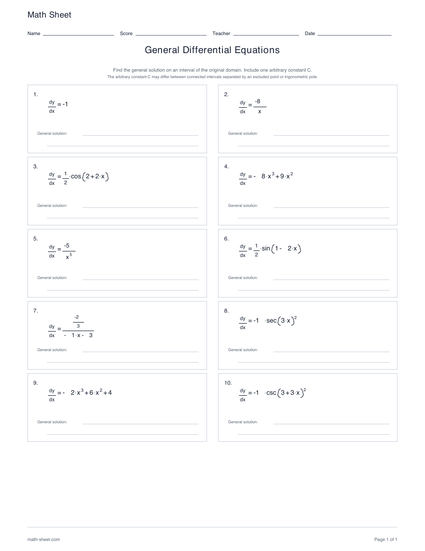 First page preview: General Differential Equations worksheets