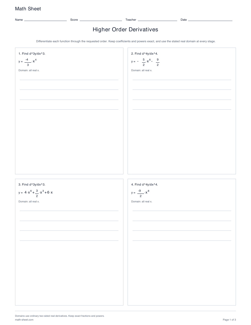 First page preview: Higher Order Derivatives worksheets