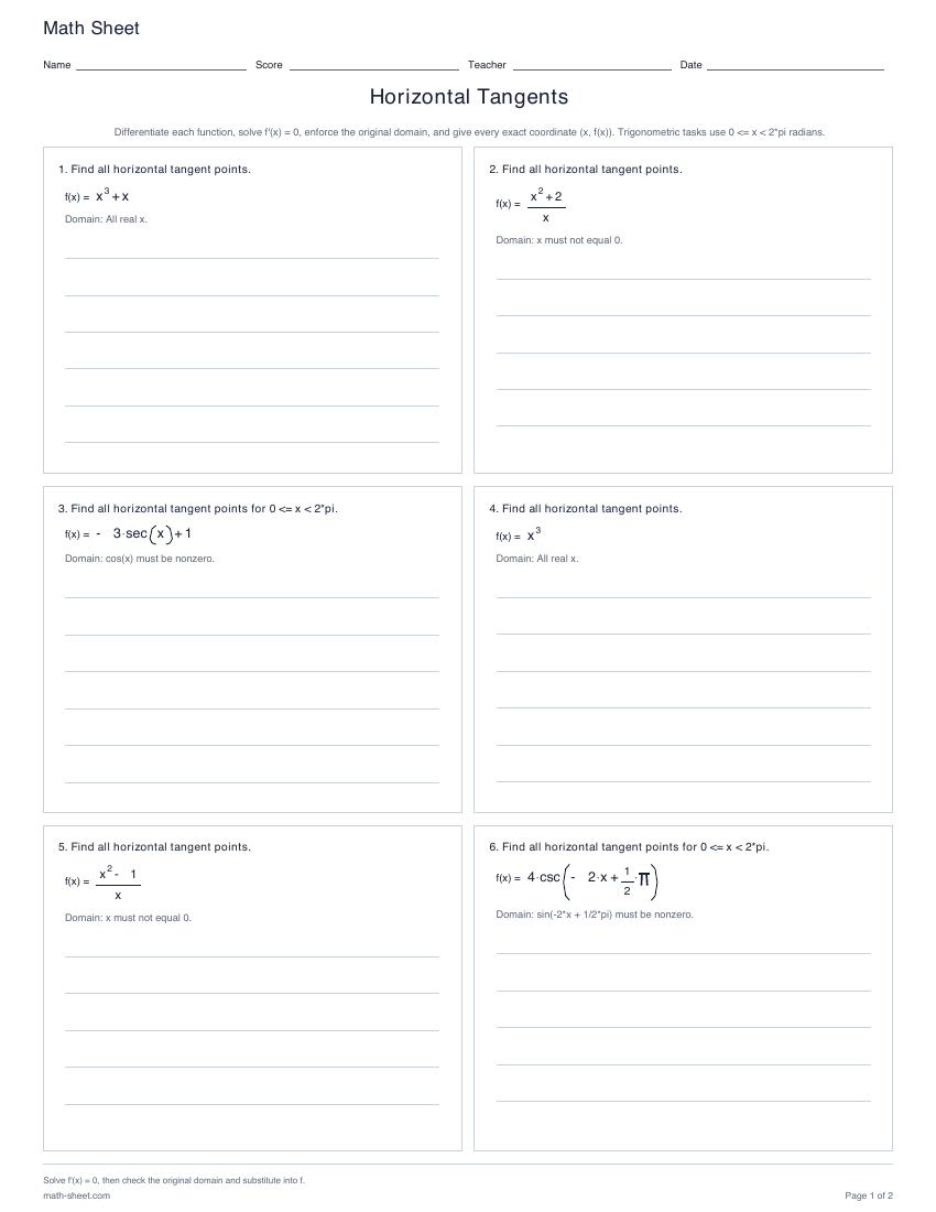 First page preview: Horizontal Tangents worksheets