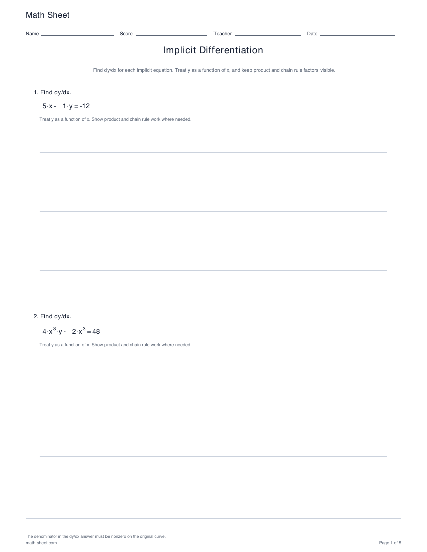 First page preview: Implicit Differentiation worksheets
