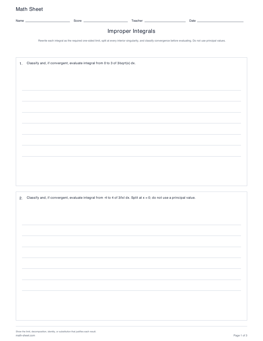 Printable improper integrals worksheets preview