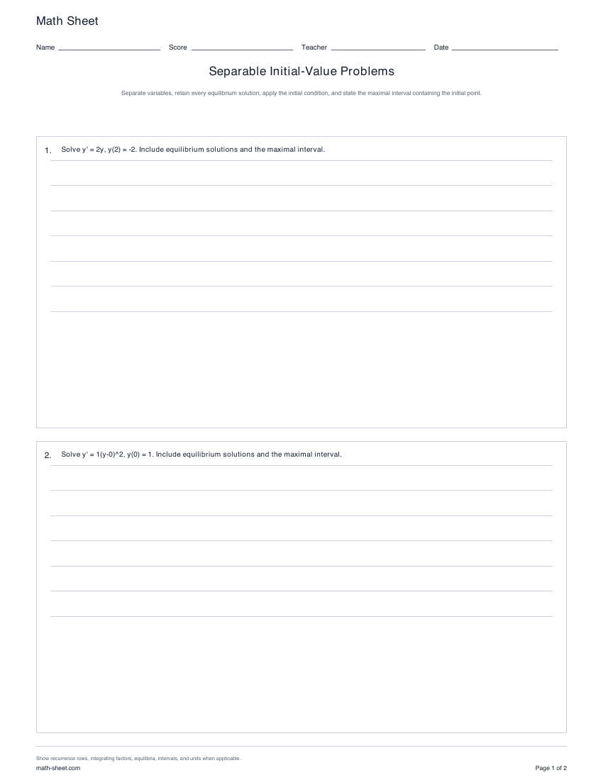 Printable separable initial-value problems worksheets preview