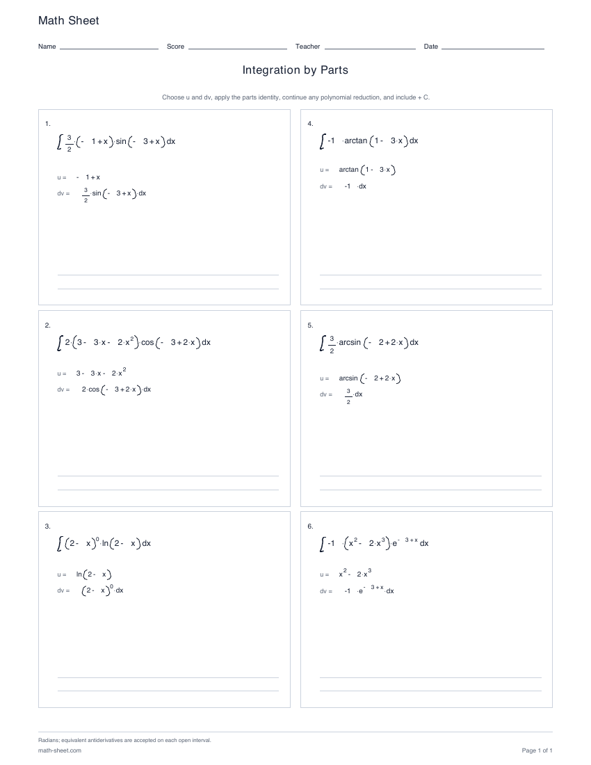 First page preview: Integration by Parts worksheets
