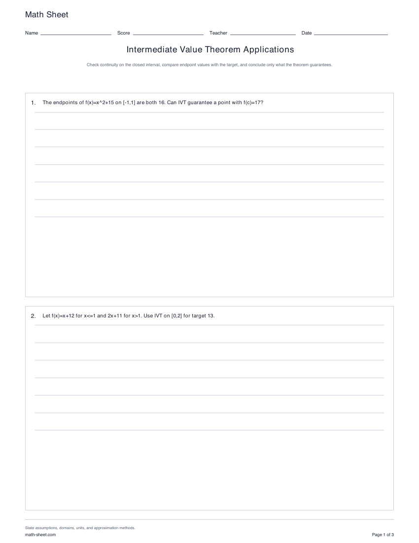 Printable intermediate value theorem worksheets preview