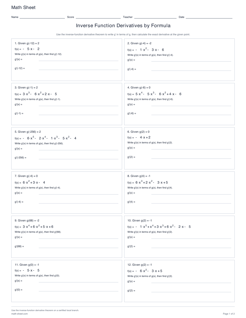 First page preview: Inverse Function Derivatives by Formula worksheets