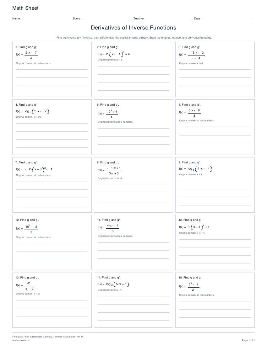 First page preview: Derivatives of Inverse Functions worksheets