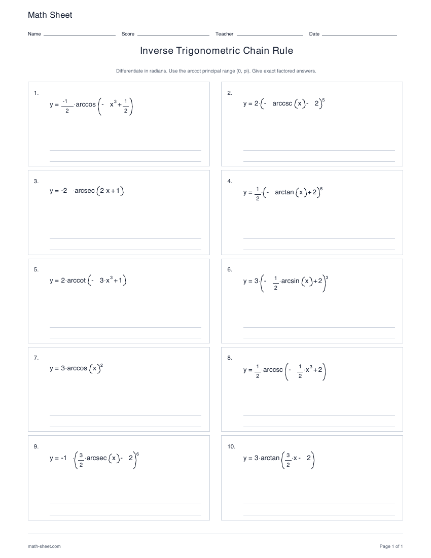 First page preview: Inverse Trigonometric Chain Rule worksheets