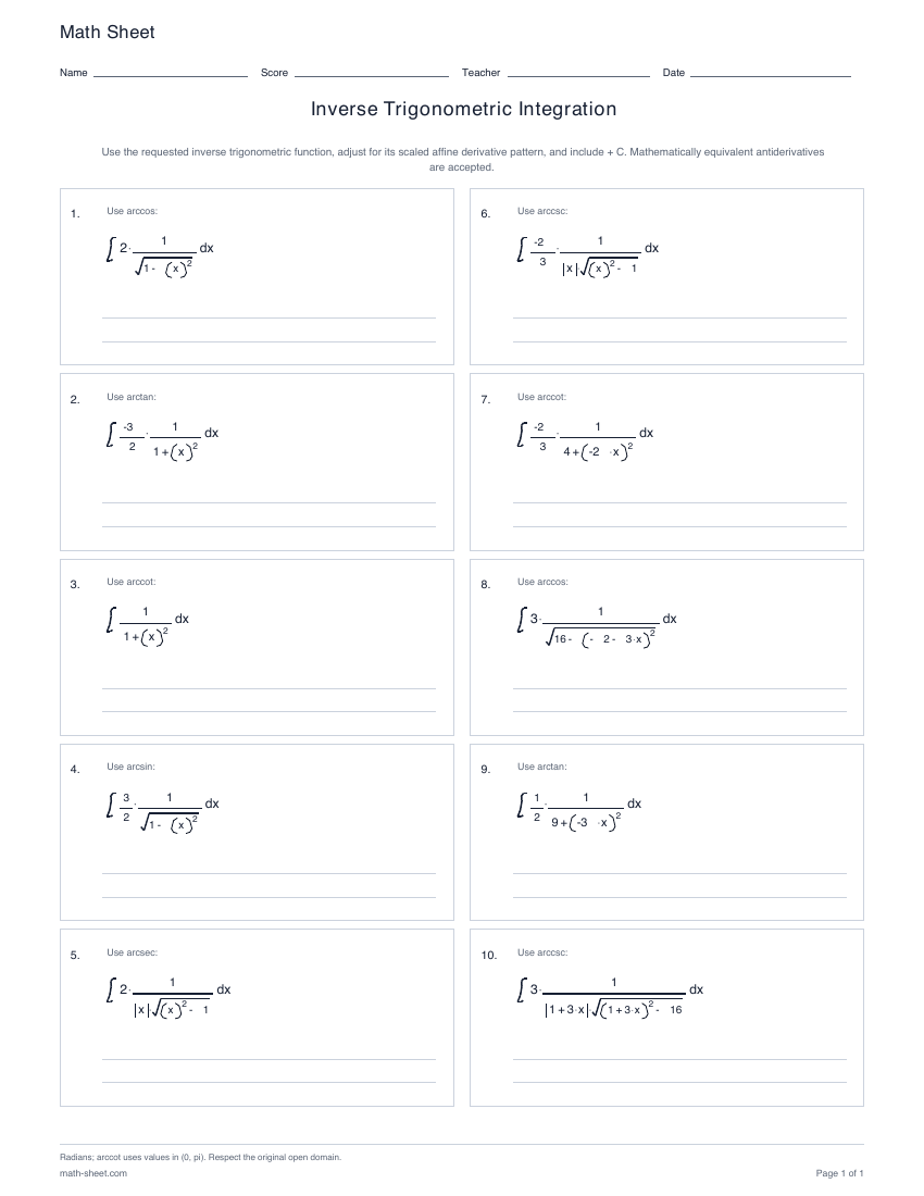 First page preview: Inverse Trigonometric Integration worksheets