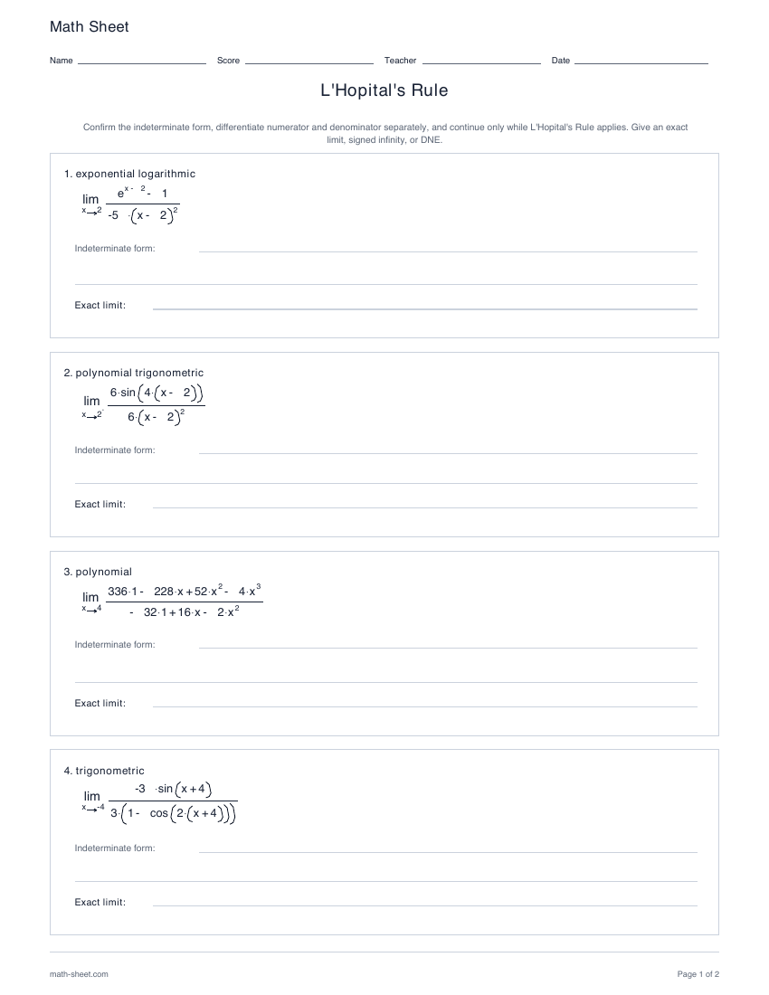 First page preview: L'Hopital's Rule worksheets