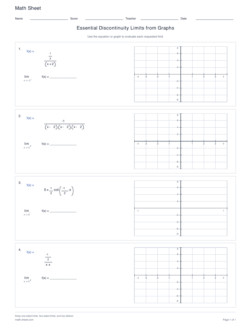 First page preview: Essential Discontinuity Limits from Graphs worksheets