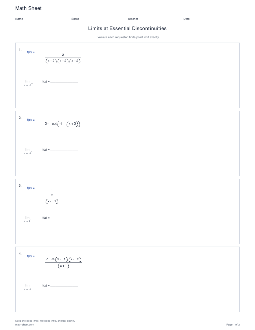 First page preview: Limits at Essential Discontinuities worksheets