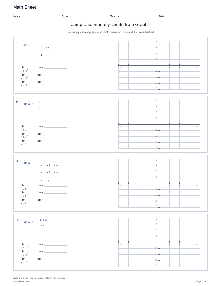 First page preview: Jump Discontinuity Limits from Graphs worksheets