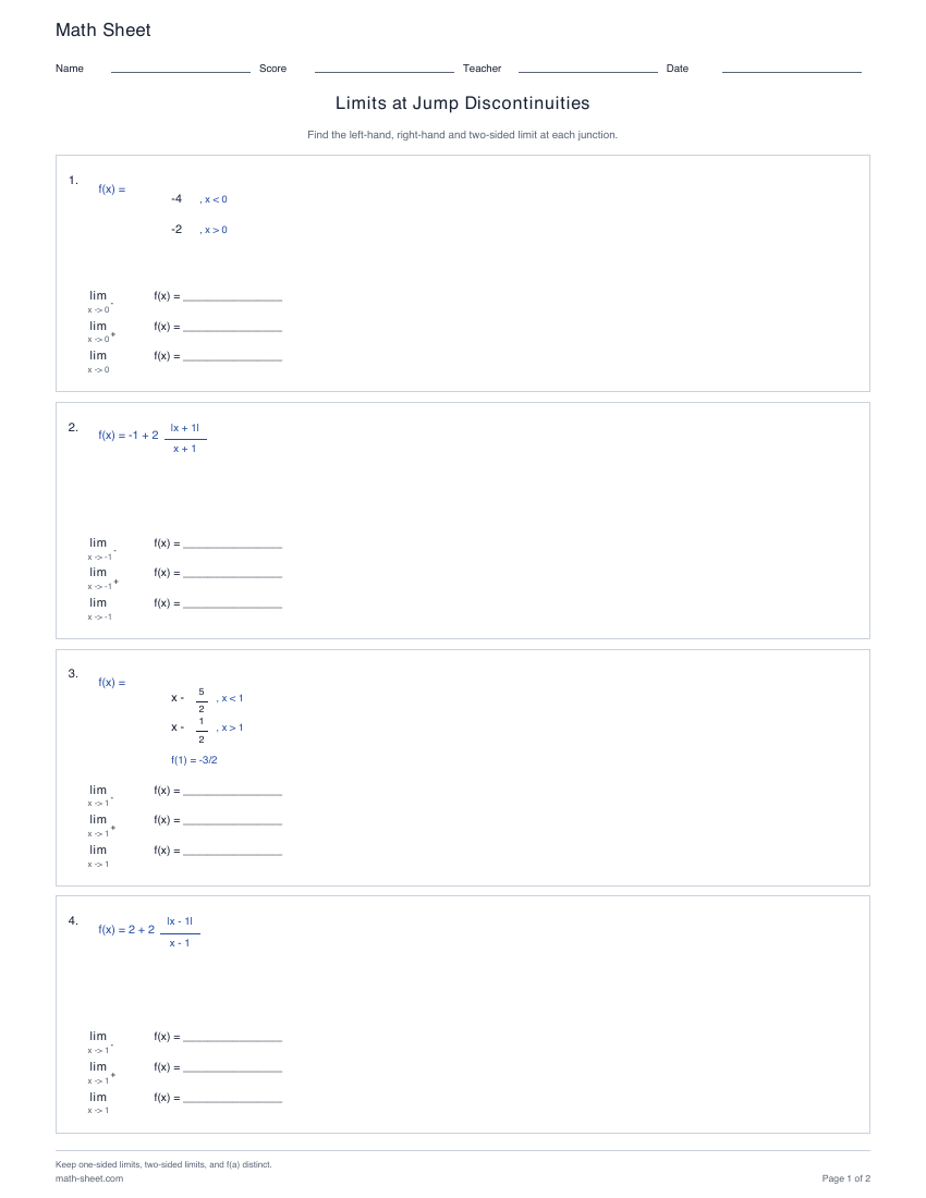 First page preview: Limits at Jump Discontinuities worksheets