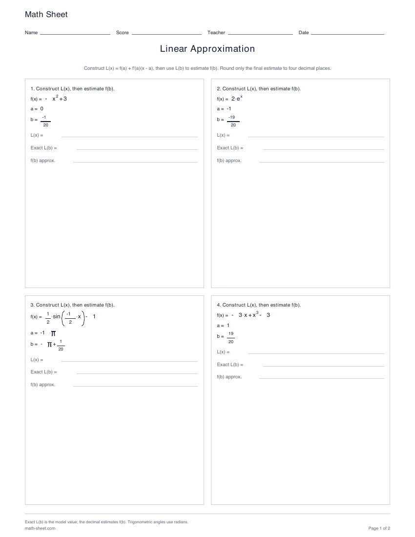 First page preview: Linear Approximation worksheets