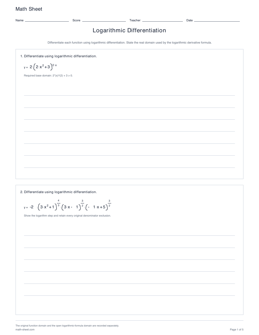 First page preview: Logarithmic Differentiation worksheets